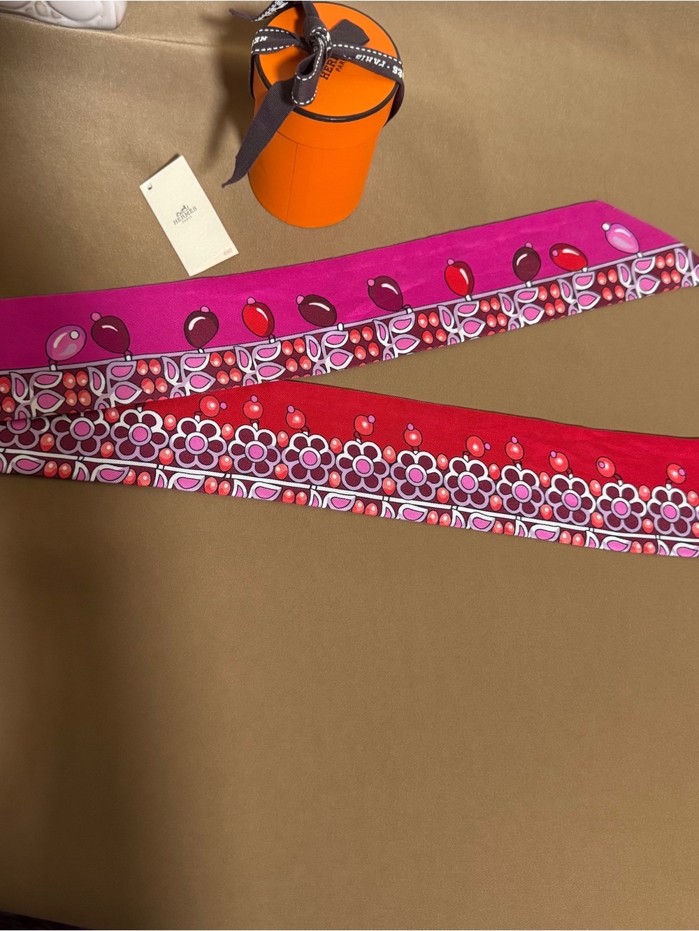 Hermes Pink & Red Silk Twilly with Floral and Balloon Motif
